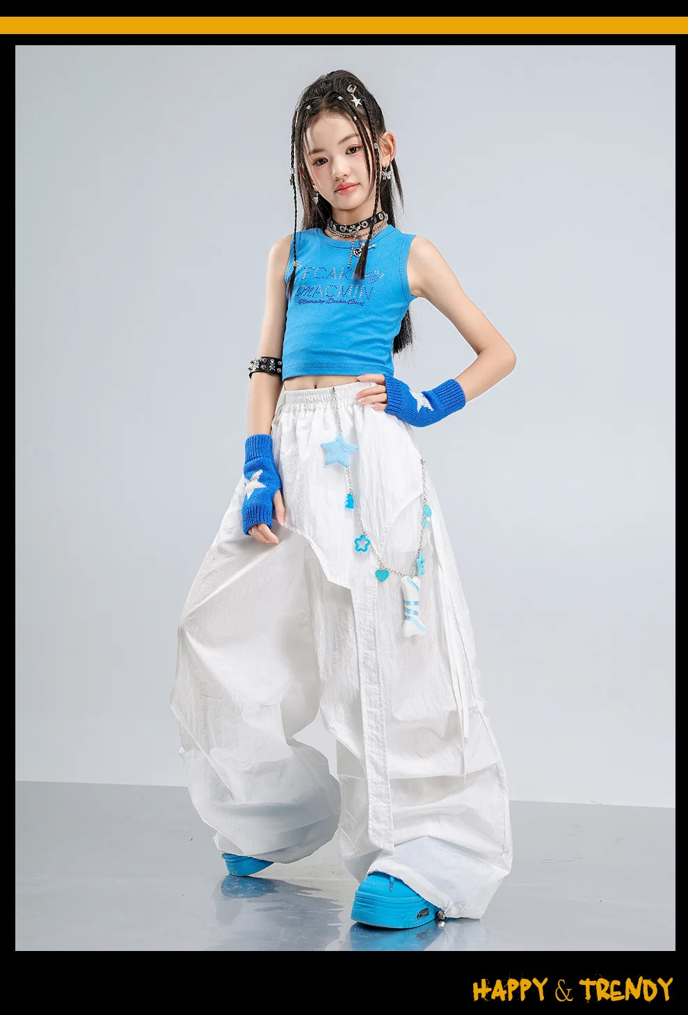 Girls Jazz Hip Hop Dance Clothes Blue Vest White Cargo Pants Summer Kpop Y2K Street Wear Kids Concert Performance Outfit
