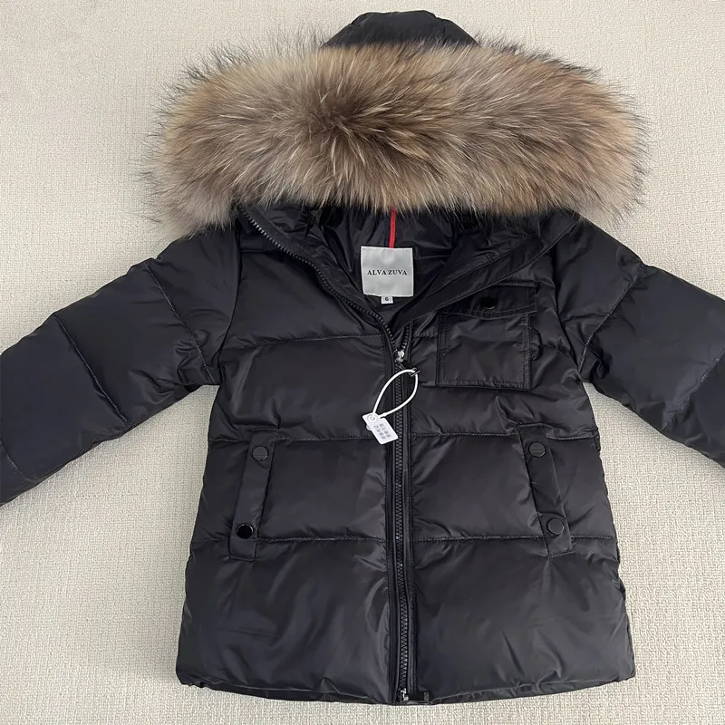 Kids Winter Down Coat Detachable Fur Collar Children Hooded Warm Jakcet For Boys Girls Age 1-13T
