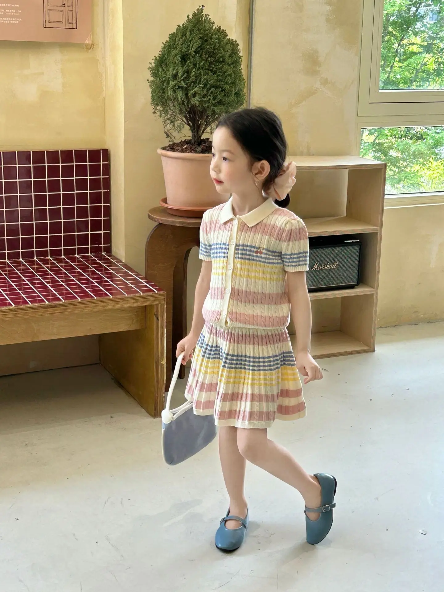 Girls Suit 2026 Summer New Childrens Clothing Korean Style Girl Baby Stripe Tie-in Color Cardigan Skirt Two Sets of Casual Daily