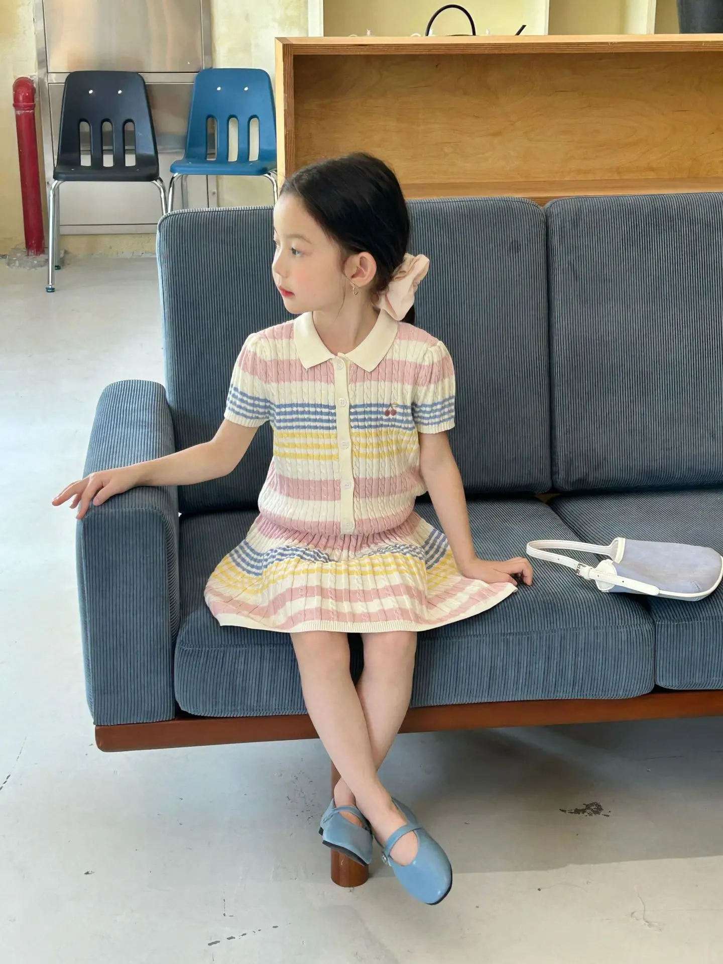 Girls Suit 2026 Summer New Childrens Clothing Korean Style Girl Baby Stripe Tie-in Color Cardigan Skirt Two Sets of Casual Daily
