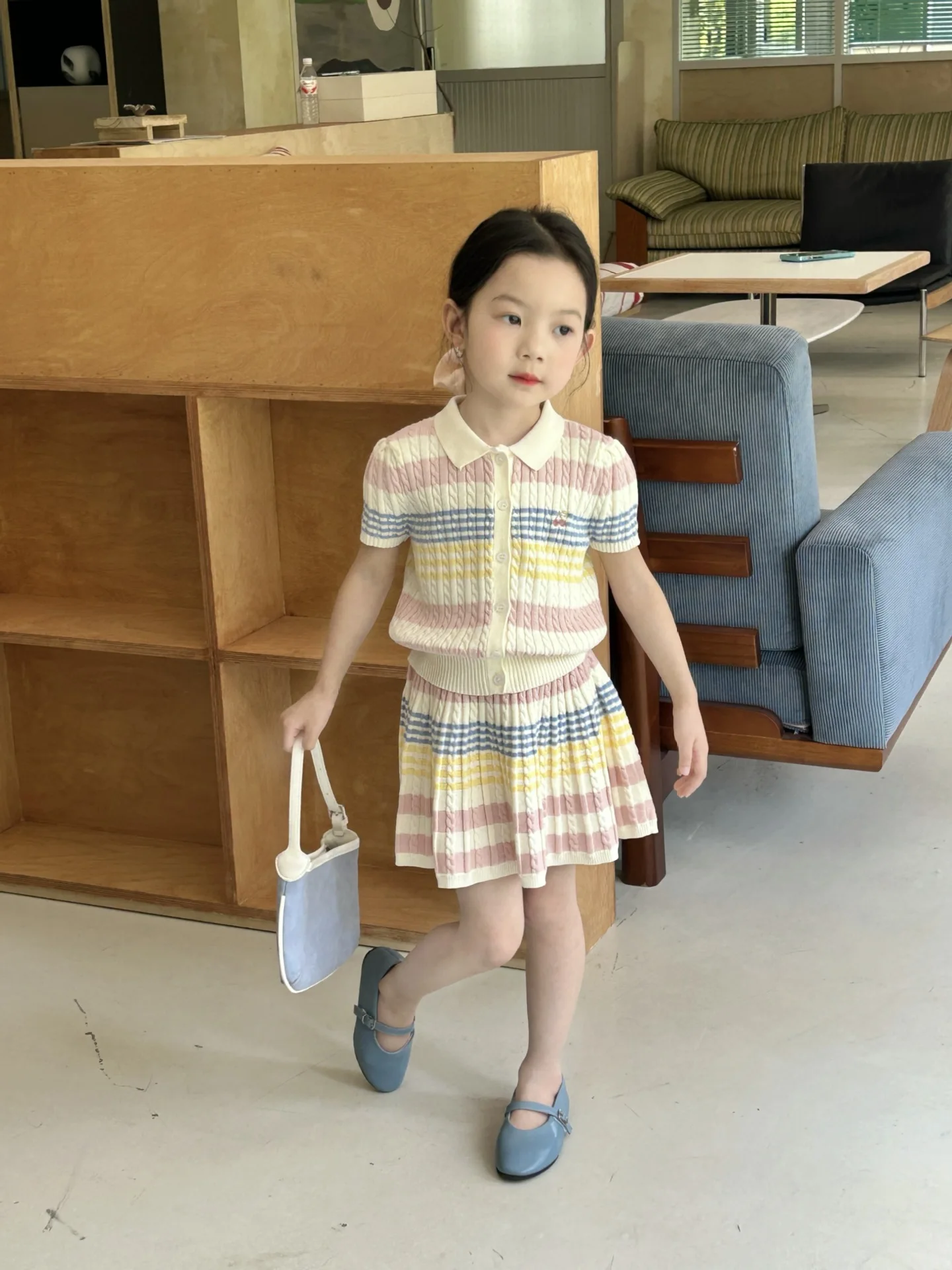 Girls Suit 2026 Summer New Childrens Clothing Korean Style Girl Baby Stripe Tie-in Color Cardigan Skirt Two Sets of Casual Daily
