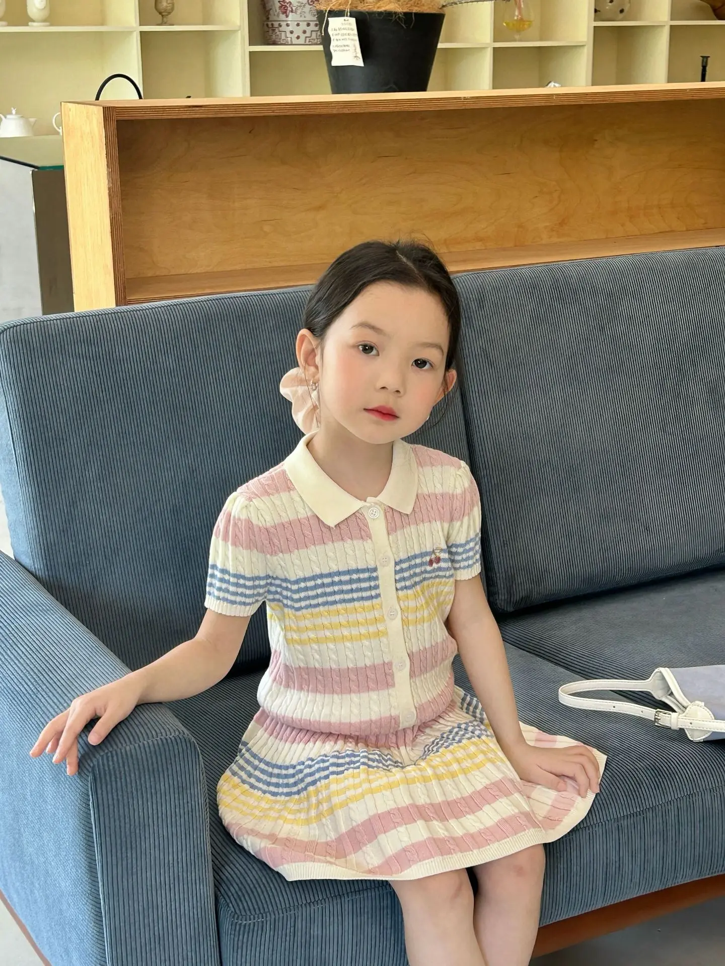 Girls Suit 2026 Summer New Childrens Clothing Korean Style Girl Baby Stripe Tie-in Color Cardigan Skirt Two Sets of Casual Daily