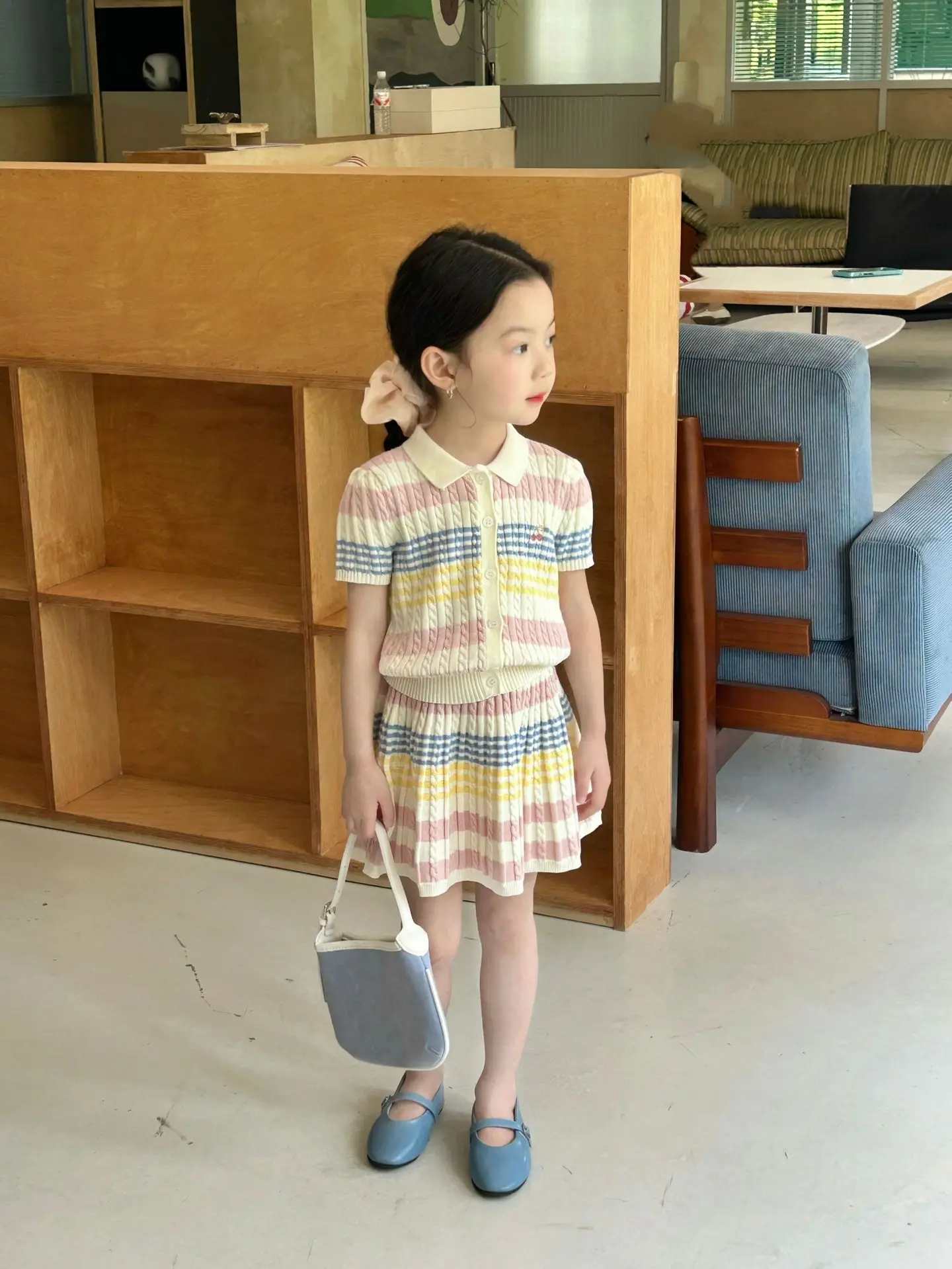 Girls Suit 2026 Summer New Childrens Clothing Korean Style Girl Baby Stripe Tie-in Color Cardigan Skirt Two Sets of Casual Daily
