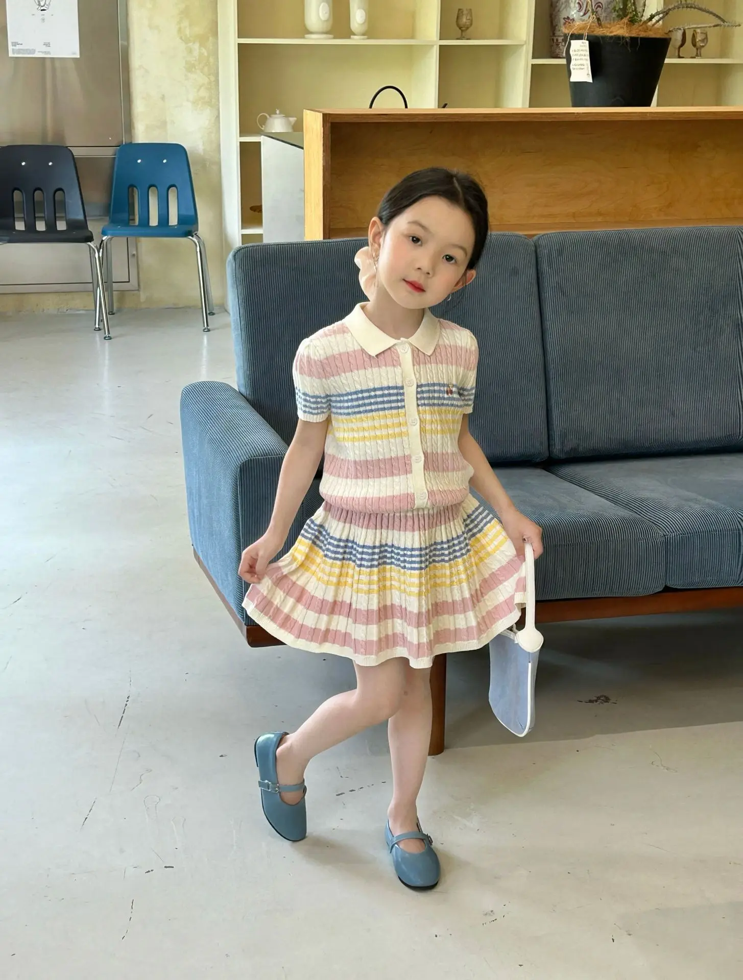 Girls Suit 2026 Summer New Childrens Clothing Korean Style Girl Baby Stripe Tie-in Color Cardigan Skirt Two Sets of Casual Daily