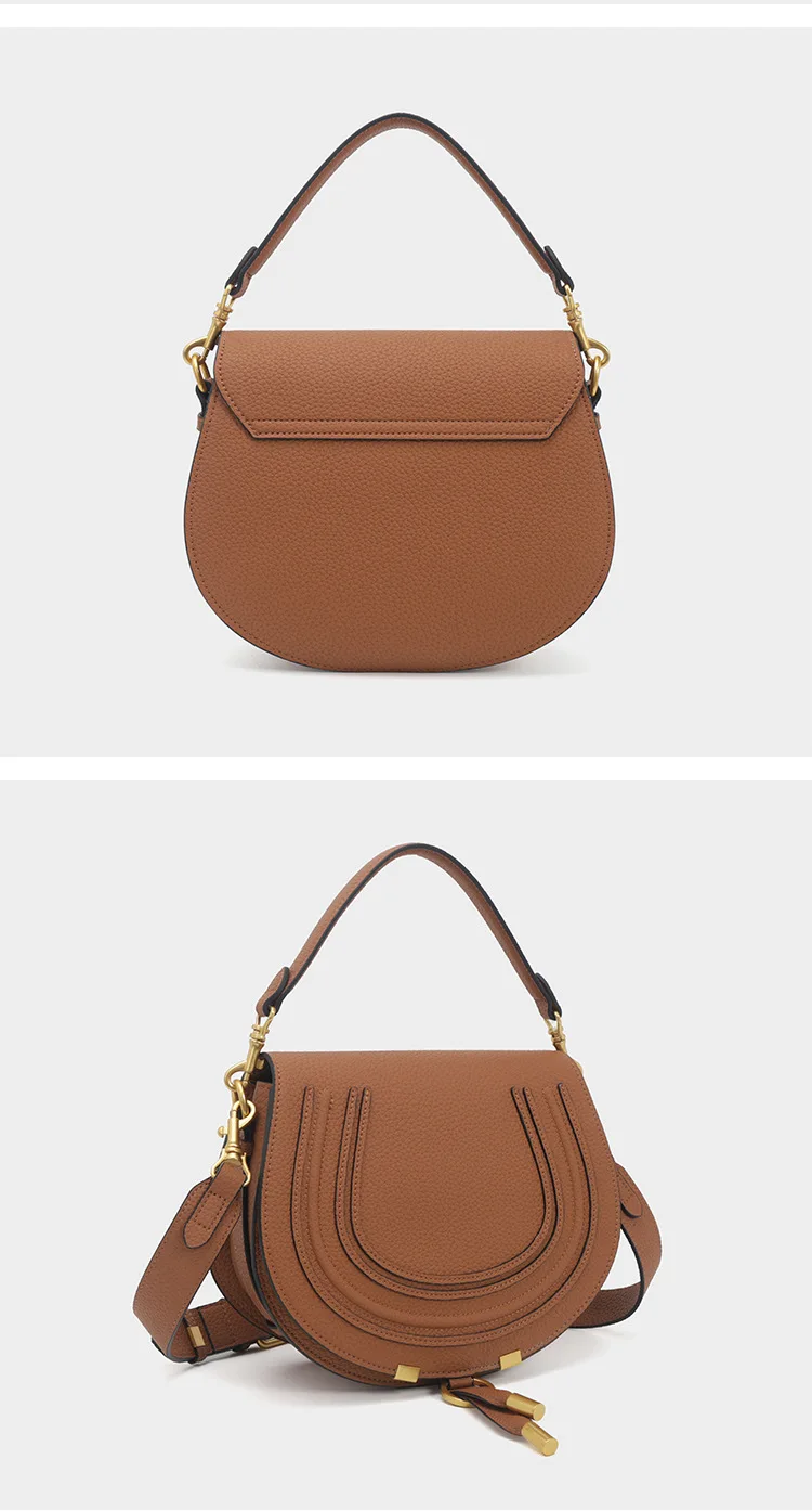 Pebbled Saddle Crossbody Bag For Women U Shape Stitching Decor Gold Metal Hardware Adjustable Strap Vintage Shoulder Purse