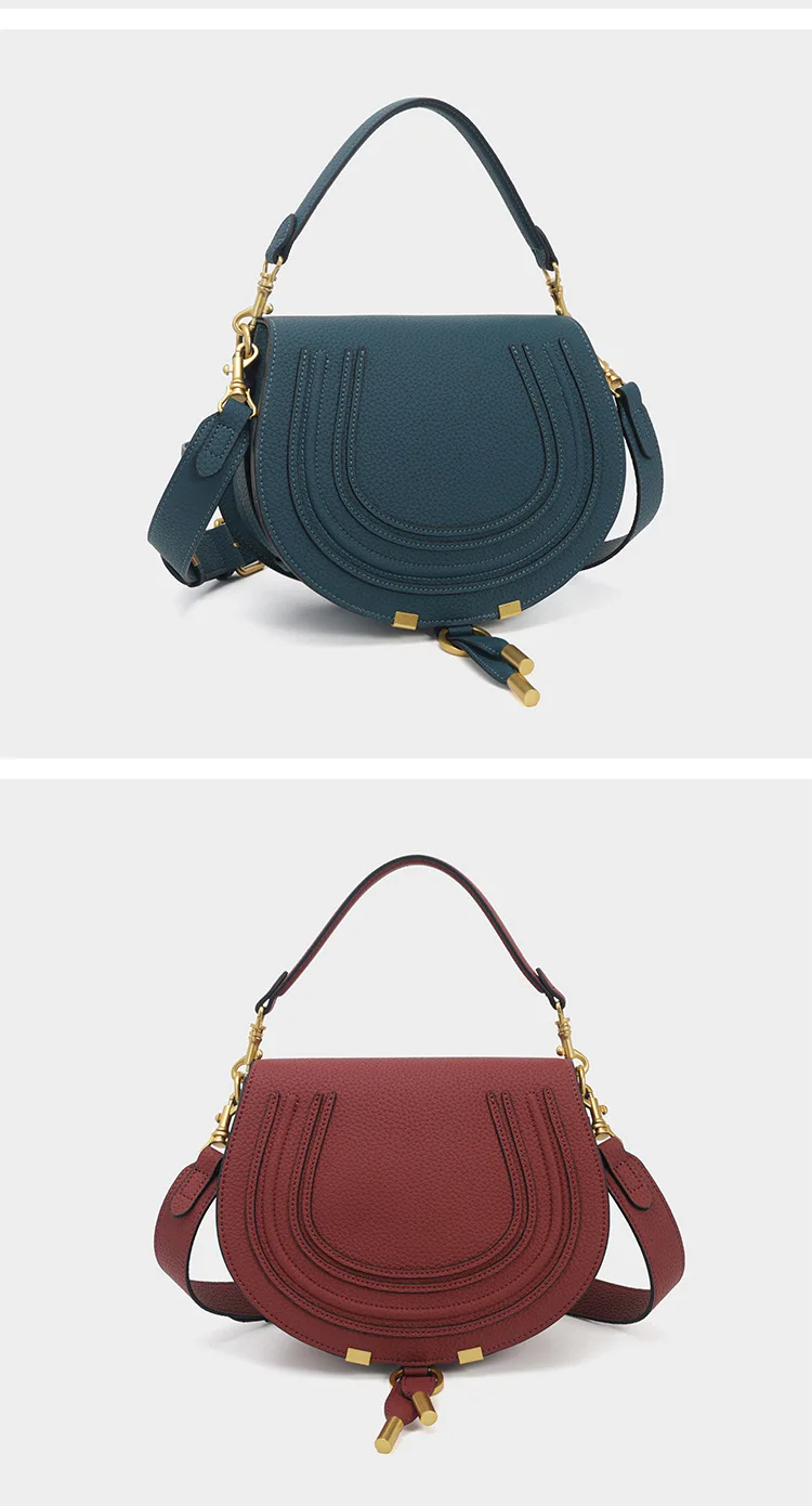 Pebbled Saddle Crossbody Bag For Women U Shape Stitching Decor Gold Metal Hardware Adjustable Strap Vintage Shoulder Purse