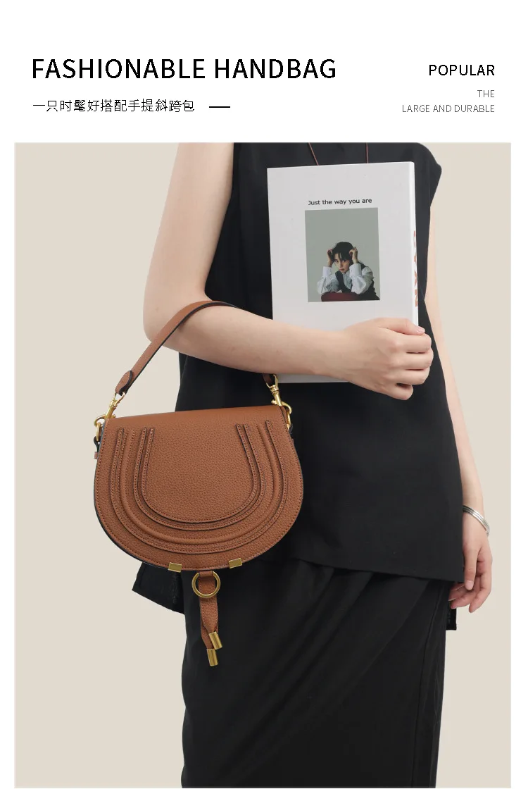 Pebbled Saddle Crossbody Bag For Women U Shape Stitching Decor Gold Metal Hardware Adjustable Strap Vintage Shoulder Purse
