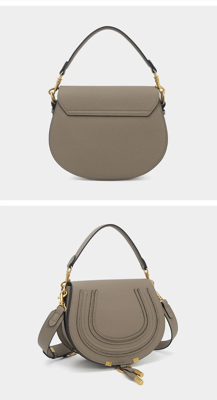 Pebbled Saddle Crossbody Bag For Women U Shape Stitching Decor Gold Metal Hardware Adjustable Strap Vintage Shoulder Purse