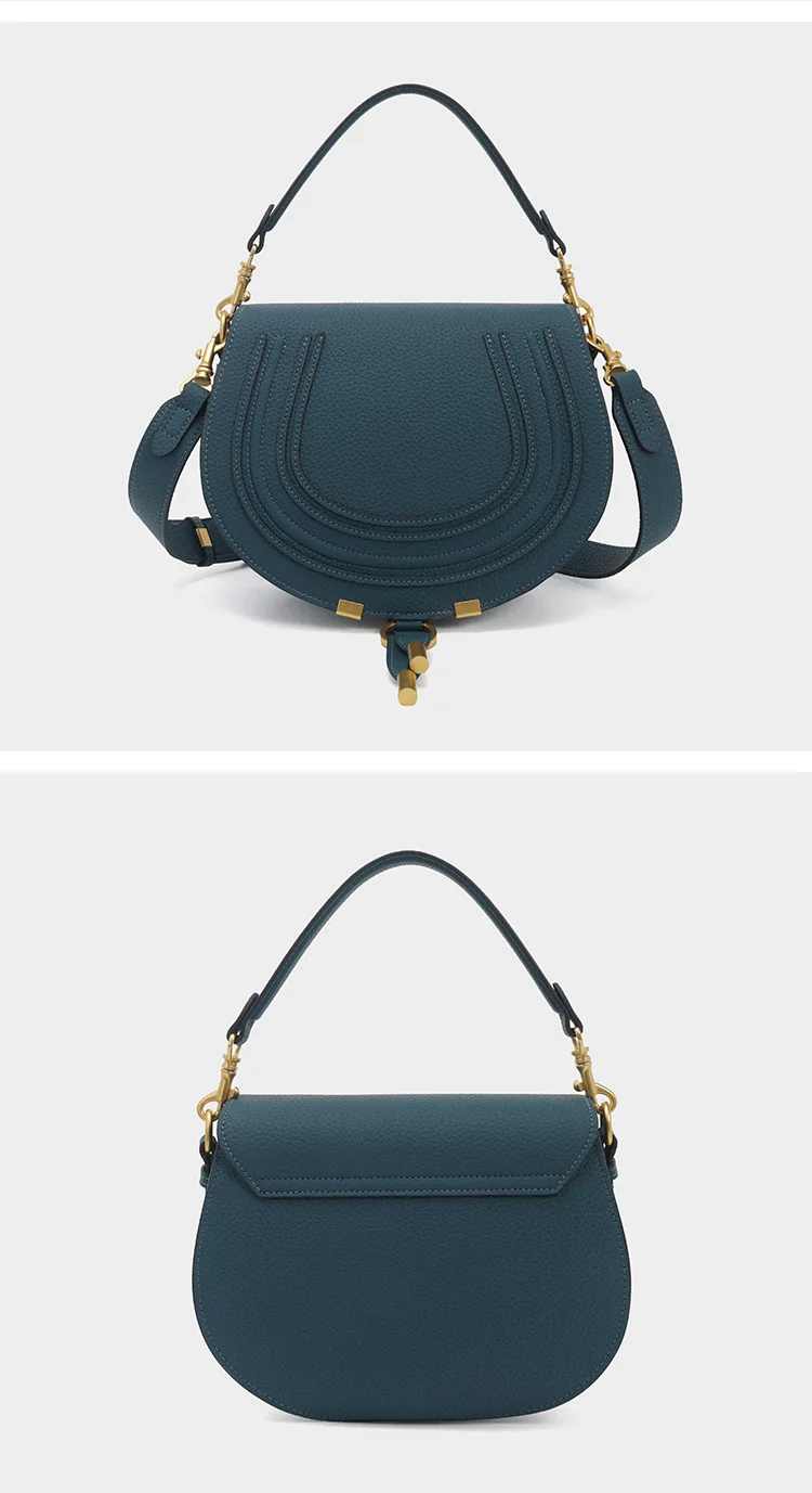 Pebbled Saddle Crossbody Bag For Women U Shape Stitching Decor Gold Metal Hardware Adjustable Strap Vintage Shoulder Purse