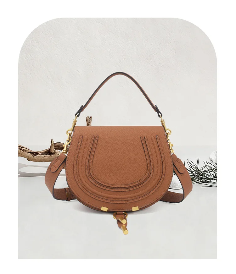 Pebbled Saddle Crossbody Bag For Women U Shape Stitching Decor Gold Metal Hardware Adjustable Strap Vintage Shoulder Purse