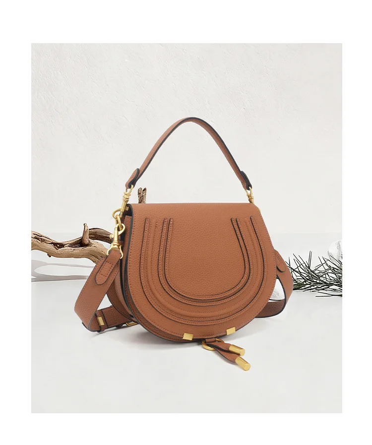 Pebbled Saddle Crossbody Bag For Women U Shape Stitching Decor Gold Metal Hardware Adjustable Strap Vintage Shoulder Purse