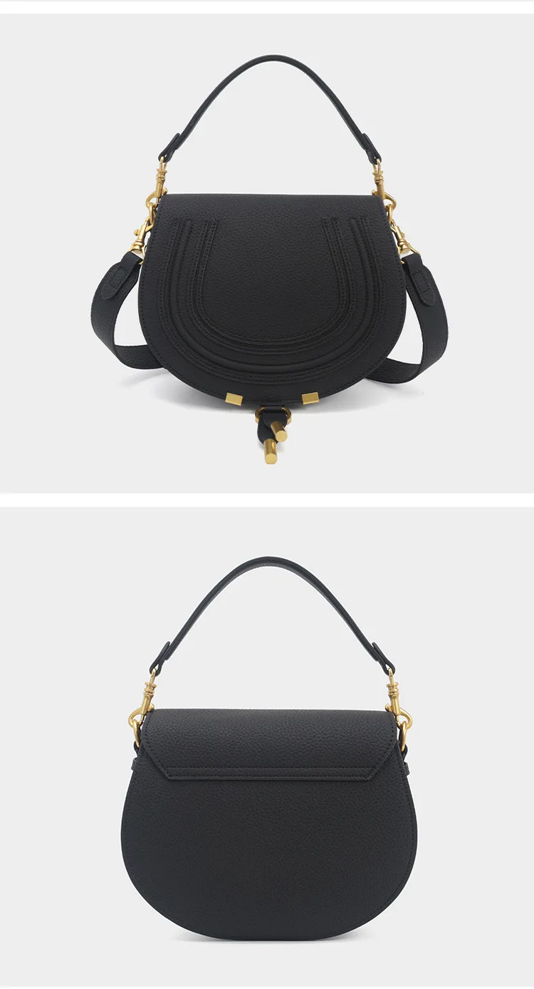 Pebbled Saddle Crossbody Bag For Women U Shape Stitching Decor Gold Metal Hardware Adjustable Strap Vintage Shoulder Purse
