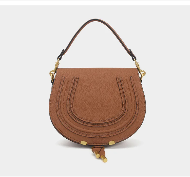 Pebbled Saddle Crossbody Bag For Women U Shape Stitching Decor Gold Metal Hardware Adjustable Strap Vintage Shoulder Purse