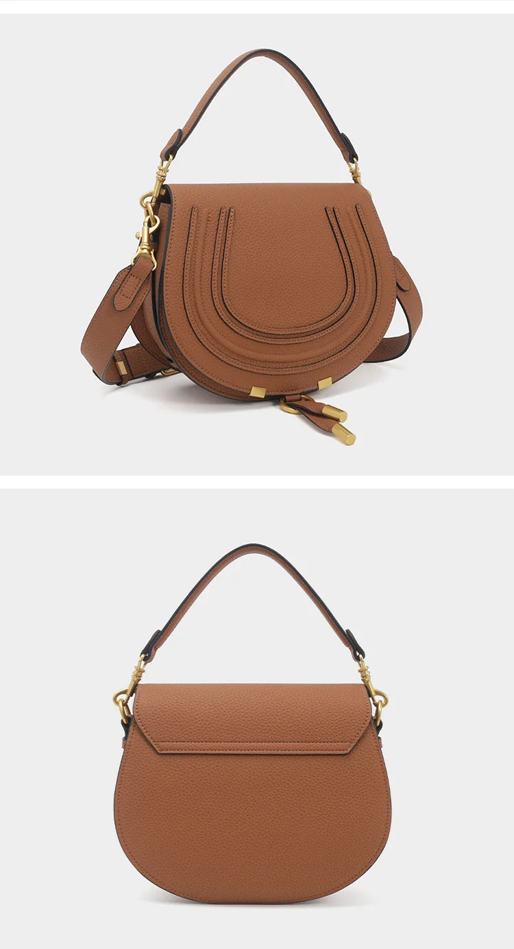 Pebbled Saddle Crossbody Bag For Women U Shape Stitching Decor Gold Metal Hardware Adjustable Strap Vintage Shoulder Purse