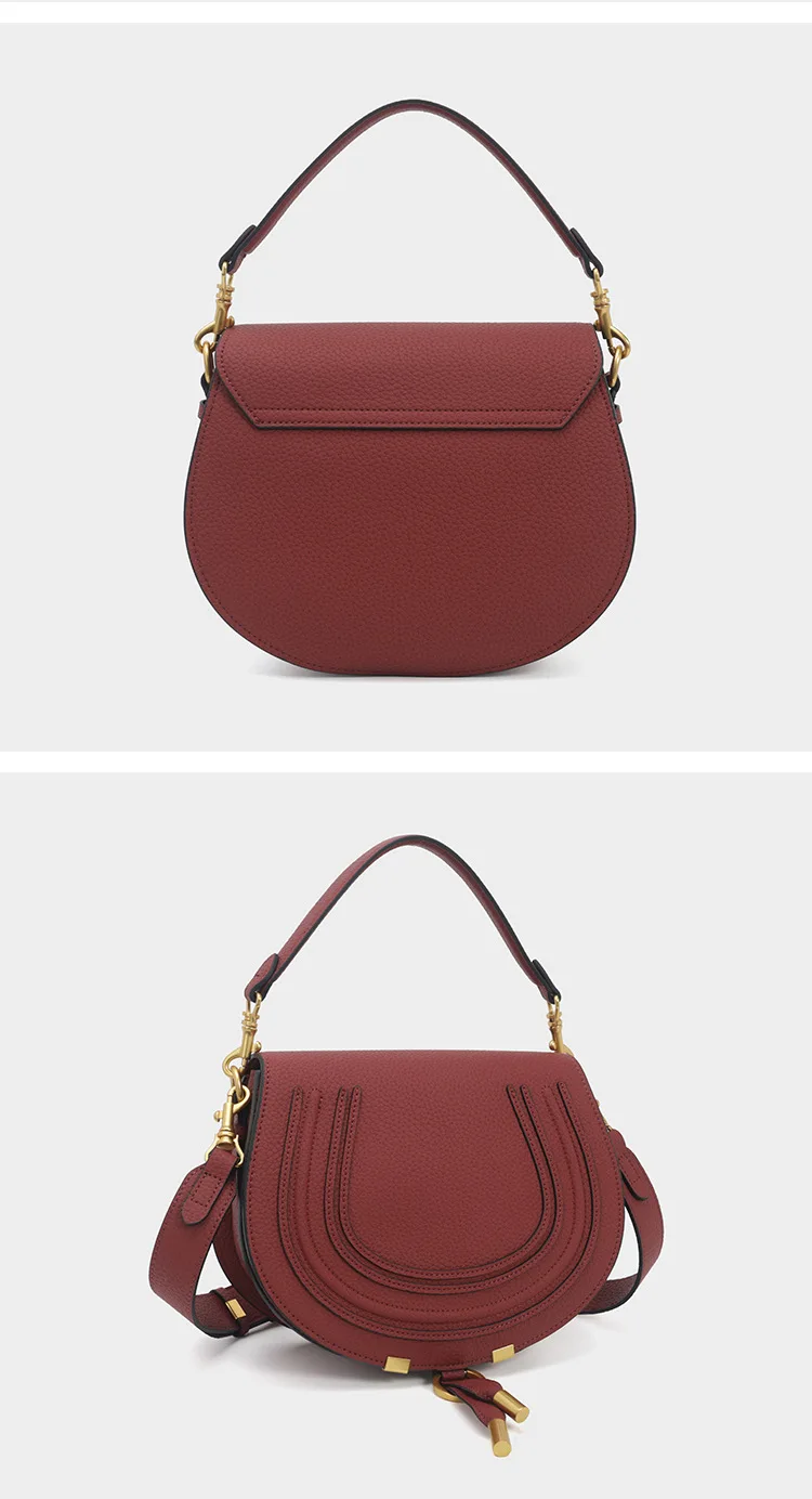Pebbled Saddle Crossbody Bag For Women U Shape Stitching Decor Gold Metal Hardware Adjustable Strap Vintage Shoulder Purse