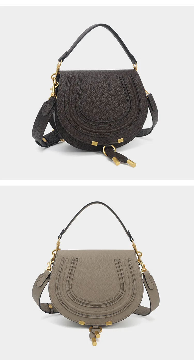 Pebbled Saddle Crossbody Bag For Women U Shape Stitching Decor Gold Metal Hardware Adjustable Strap Vintage Shoulder Purse
