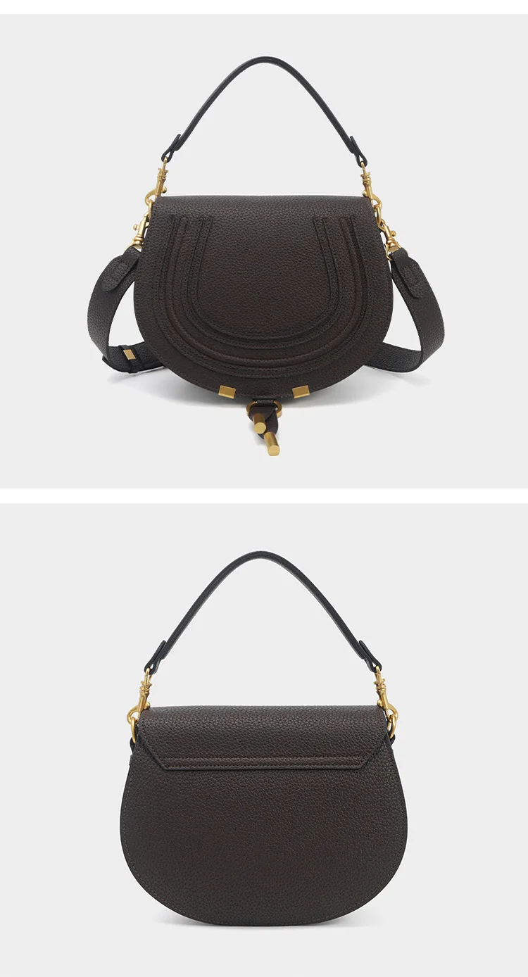 Pebbled Saddle Crossbody Bag For Women U Shape Stitching Decor Gold Metal Hardware Adjustable Strap Vintage Shoulder Purse