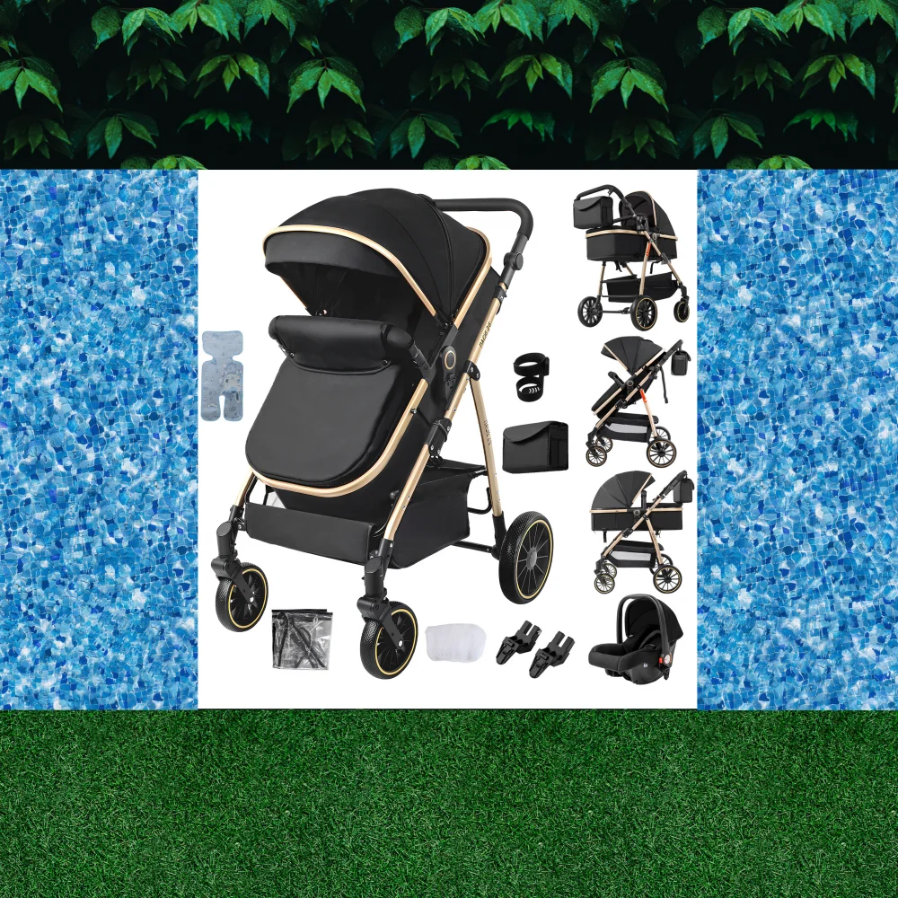 3-in-1 Baby Stroller Lightweight Portable Folding High Seat Travel Pram with Car Seat, Memory Foam Mattress & Storage Bag, Fashionable Strolling Cart