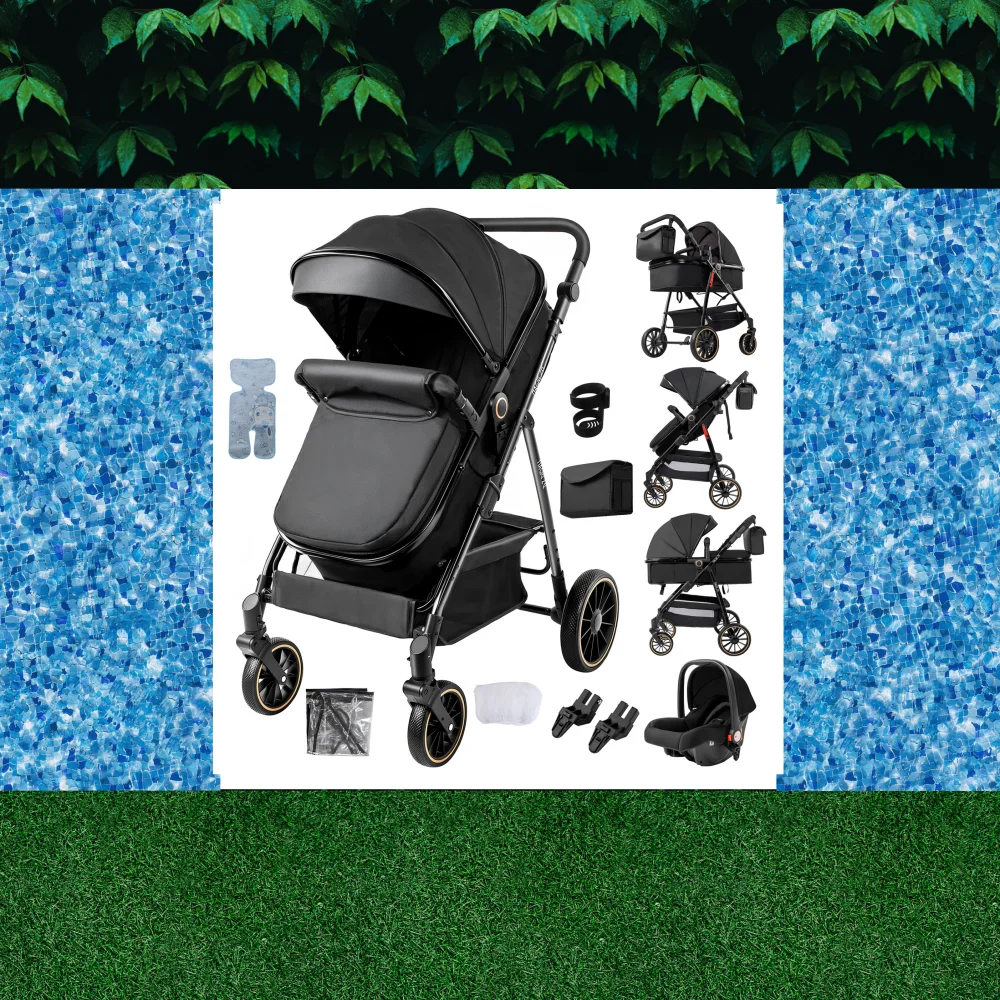 3-in-1 Baby Stroller Lightweight Portable Folding High Seat Travel Pram with Car Seat, Memory Foam Mattress & Storage Bag, Fashionable Strolling Cart