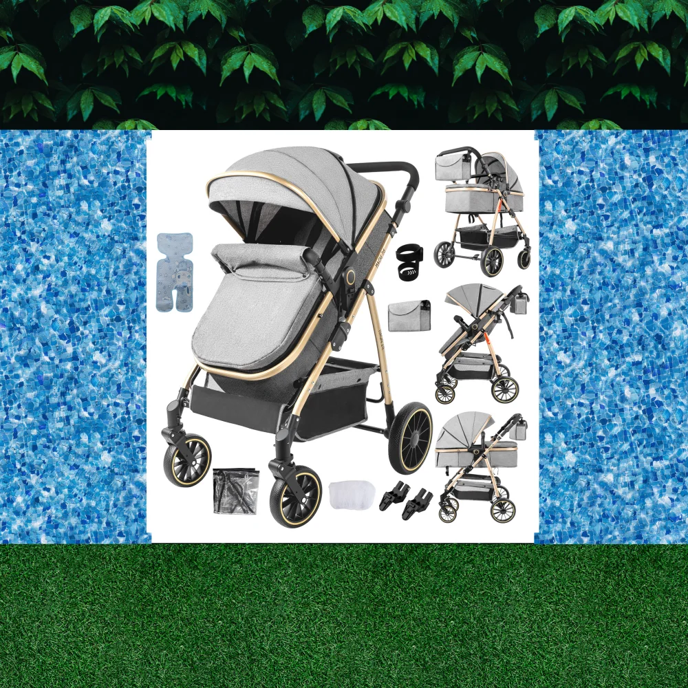 3-in-1 Baby Stroller Lightweight Portable Folding High Seat Travel Pram with Car Seat, Memory Foam Mattress & Storage Bag, Fashionable Strolling Cart