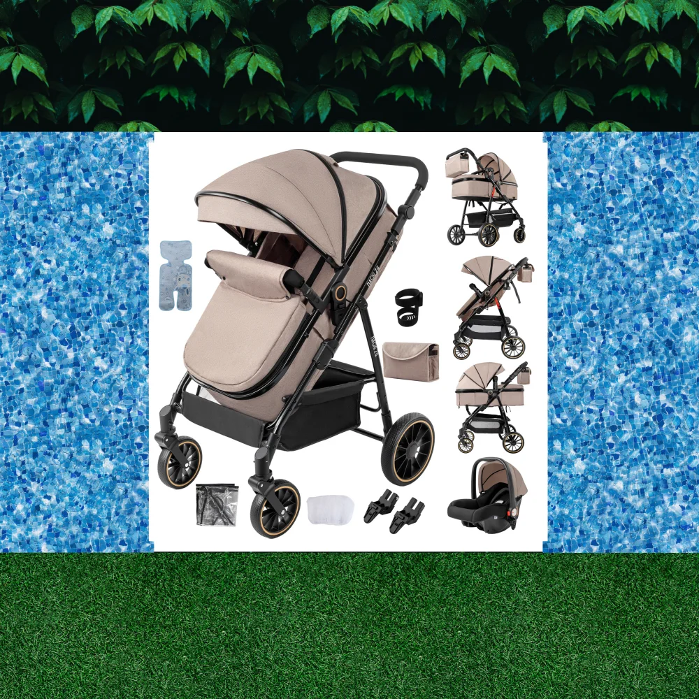 3-in-1 Baby Stroller Lightweight Portable Folding High Seat Travel Pram with Car Seat, Memory Foam Mattress & Storage Bag, Fashionable Strolling Cart