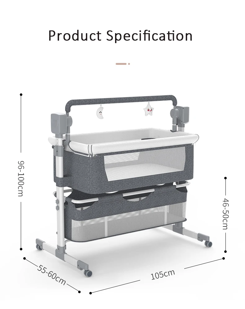 Baby Bedside Sleeper for Newborns 0-12 Months Foldable Adjustable Height Bassinet with Electric Rocking 5 Speeds 3 Timers Bluetooth Music Remote Control 5 Point Safety Harness Mosquito Net Storage Basket Mattress and 4 Wheels