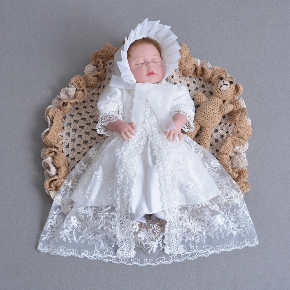 3Pcs Set Baby Girl Baptism Dress Infant Girl Christening Gown Embroidered Lace Newborn 1 Year Birthday Party Gown 0-24 Months