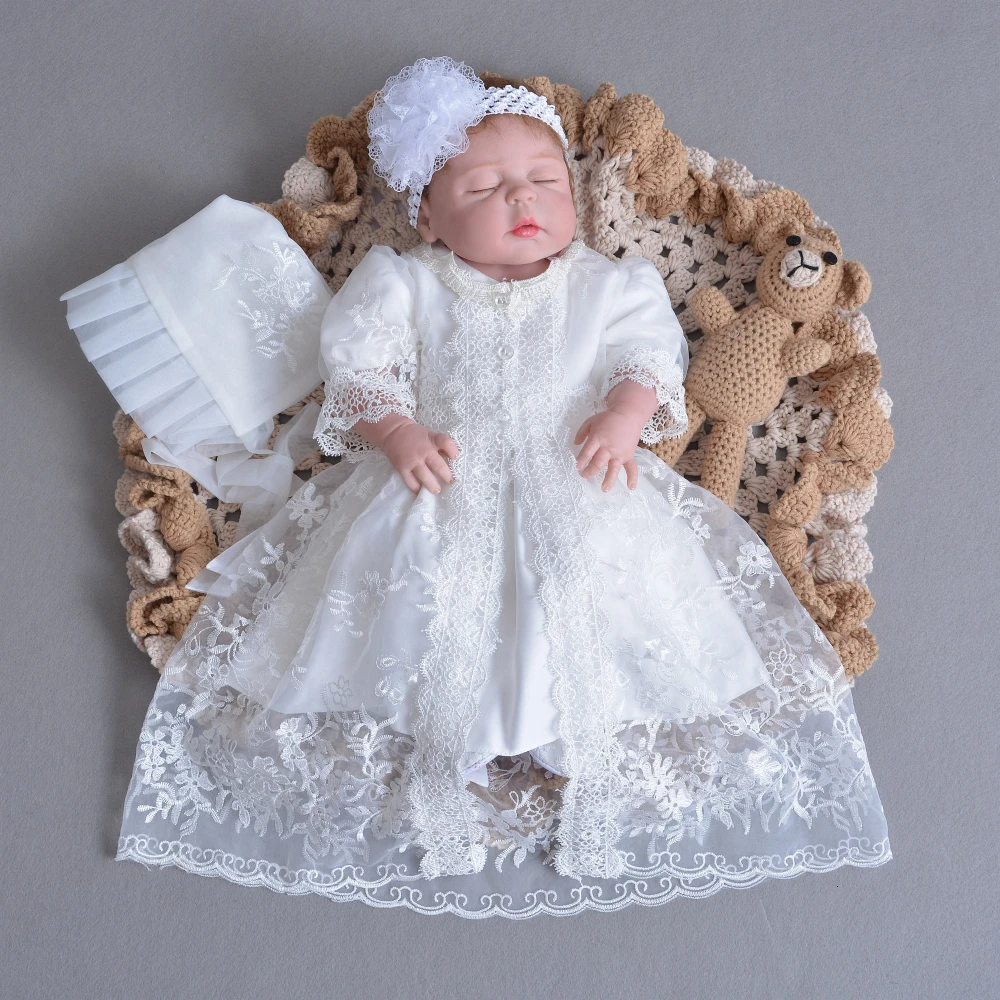 3Pcs Set Baby Girl Baptism Dress Infant Girl Christening Gown Embroidered Lace Newborn 1 Year Birthday Party Gown 0-24 Months