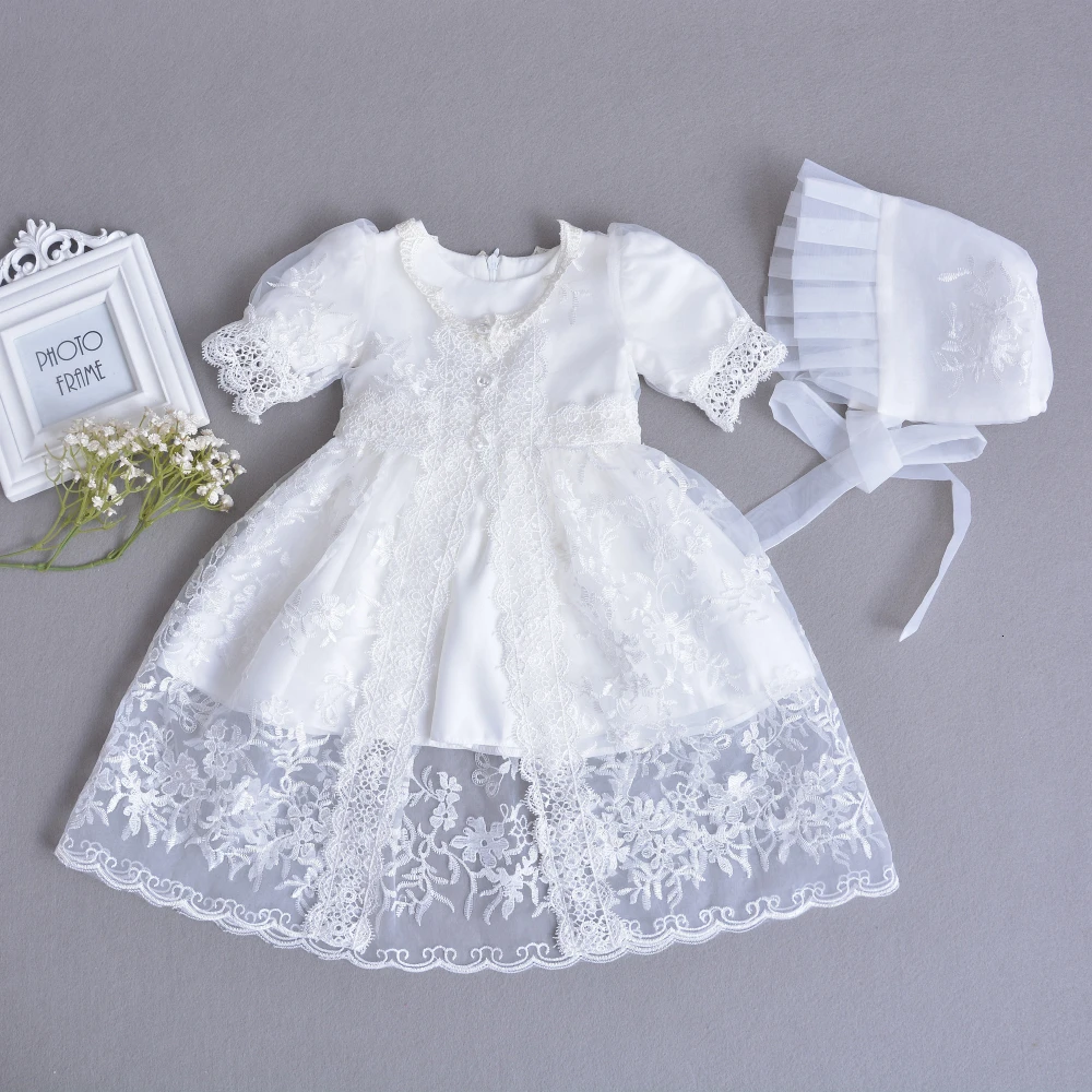 3Pcs Set Baby Girl Baptism Dress Infant Girl Christening Gown Embroidered Lace Newborn 1 Year Birthday Party Gown 0-24 Months