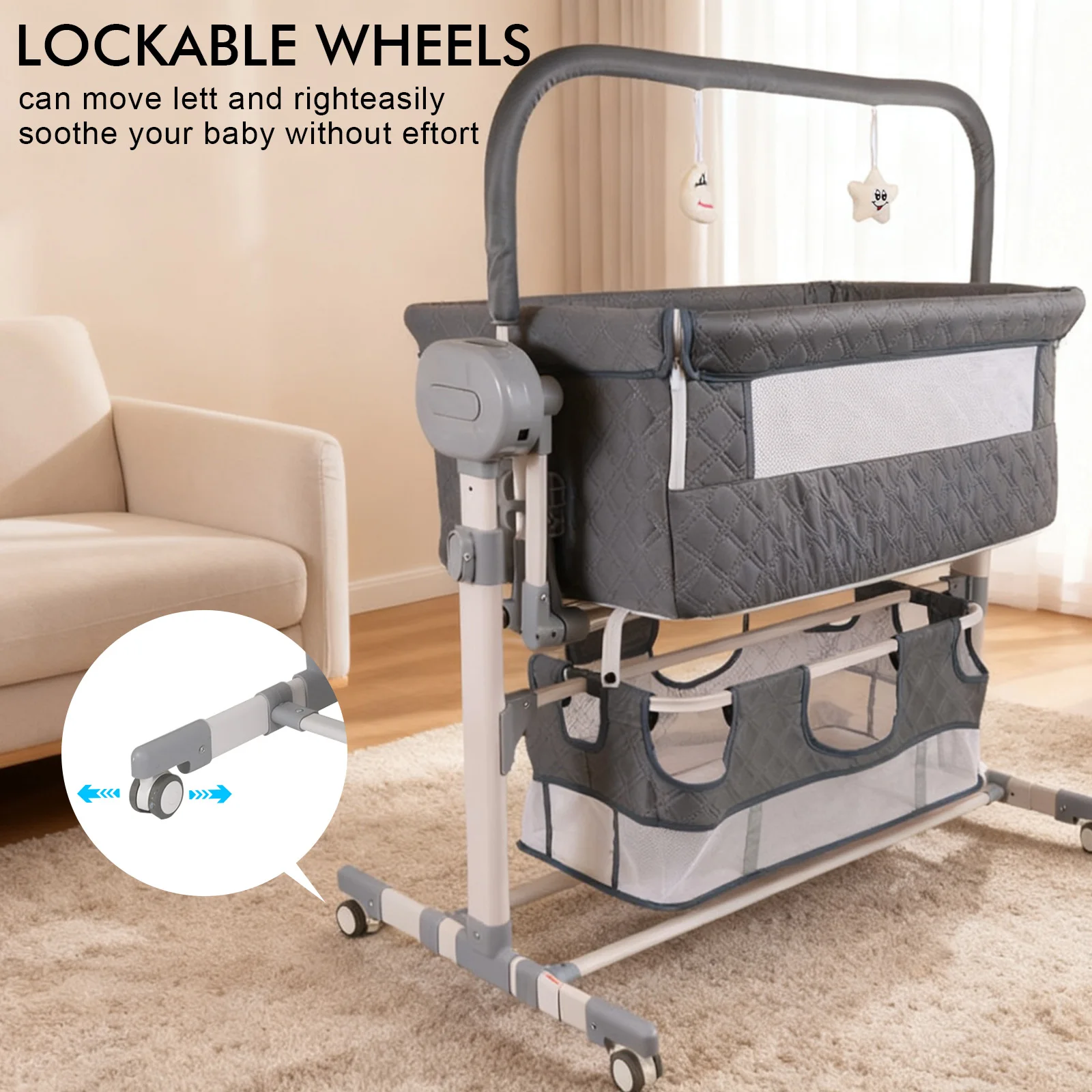 Bedside Crib for Newborns 0-12 Months with 6cm Adjustable Height Electric Rocking Bassinet 5 Swing Speeds 3 Timers Bluetooth Music Remote Control Breathable Mesh Cotton Mattress Mosquito Net Storage Basket 4 PU Quiet Wheels