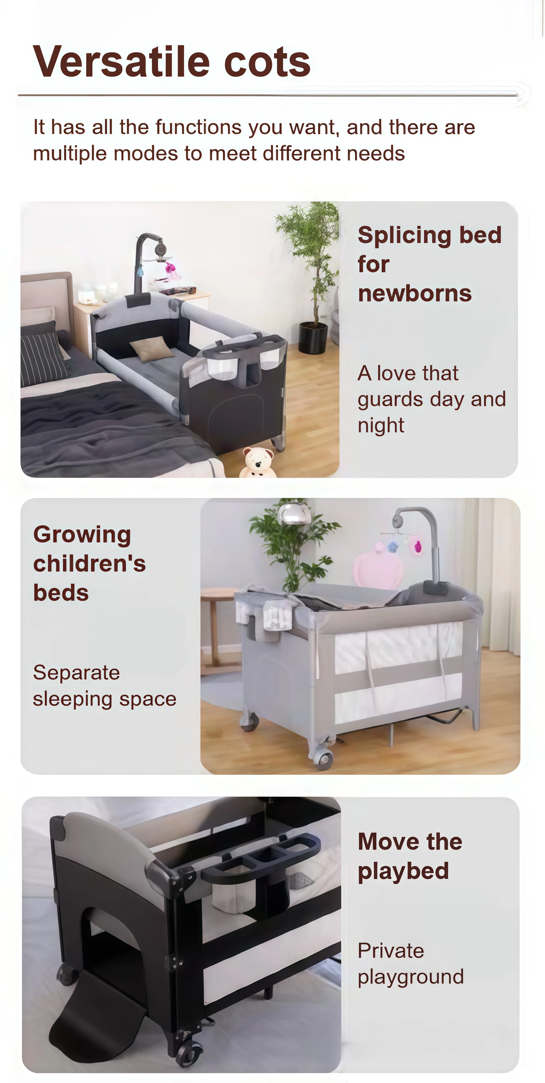 Multifunctional Bedside Crib Co-Sleeping Baby Bed Adjustable Height Infant Bassinet Nursery Travel Cot Safety Steel Frame Co-Sleeper Cradle with Diaper Station Music Mobile Mesh Netting Wheels