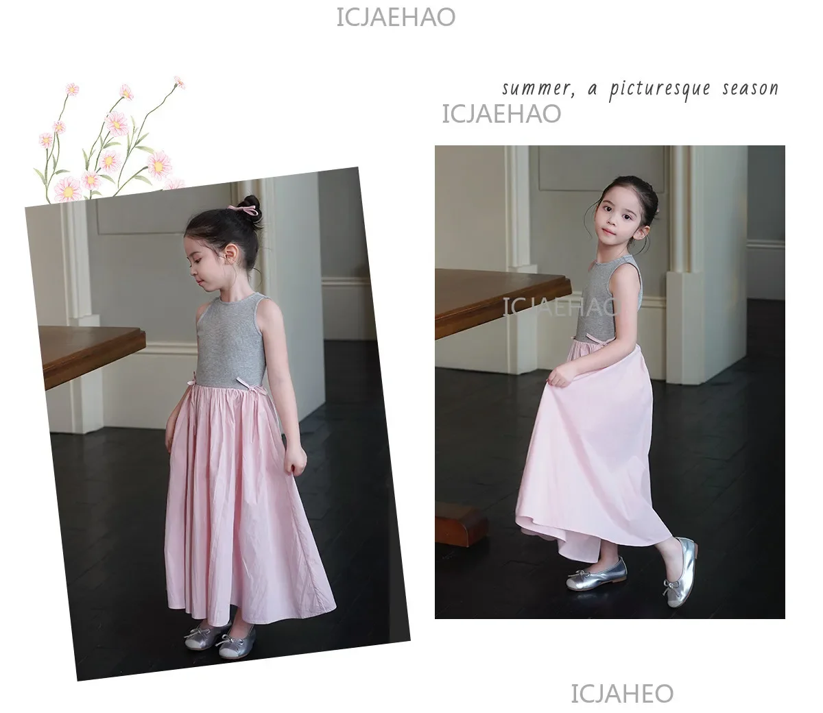 2026Gown Fashion Costume Children Girls Sleeveless Patchwork Dress Kids Summer Korean Style Long Skirt Simple Elegant Princess