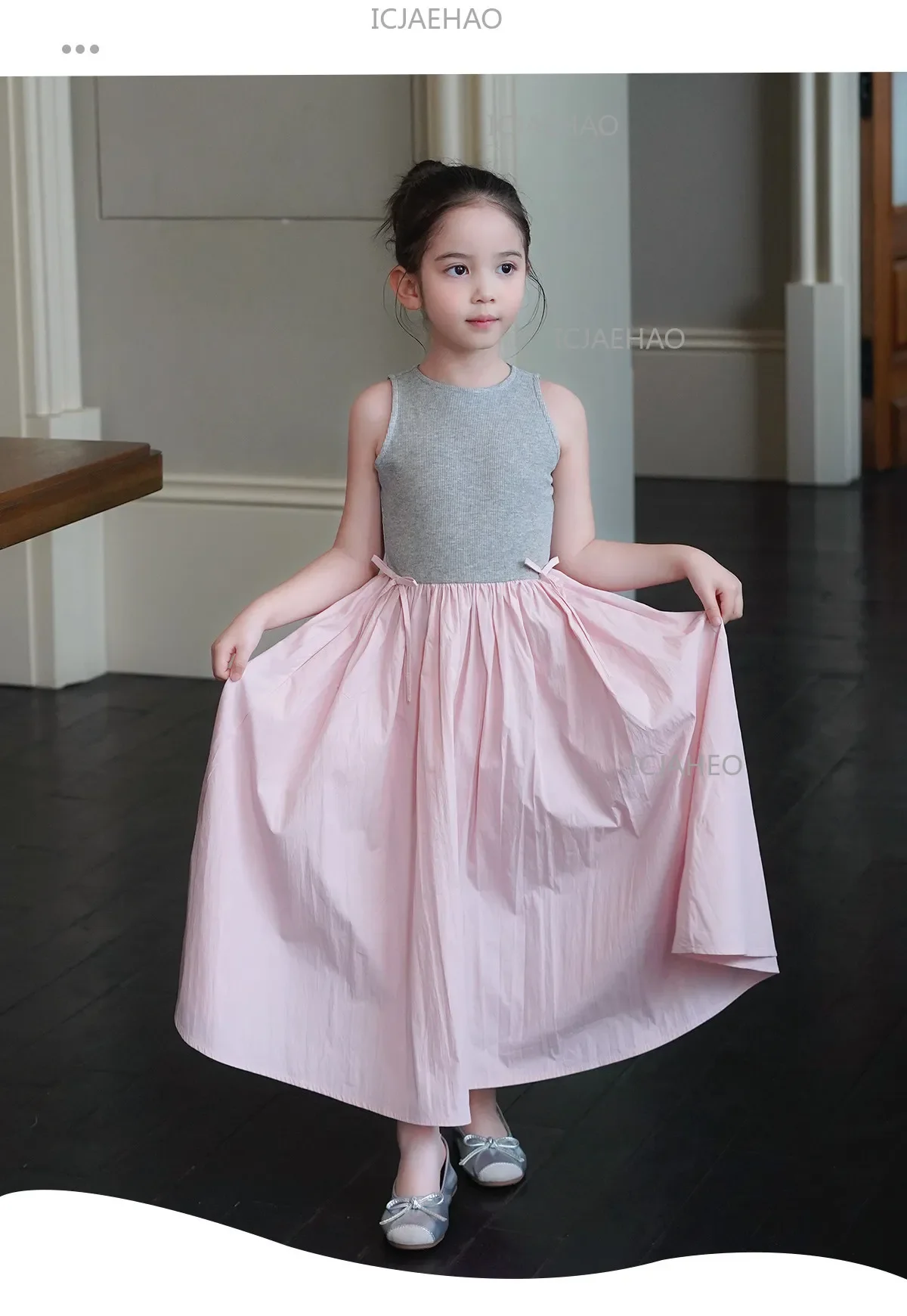 2026Gown Fashion Costume Children Girls Sleeveless Patchwork Dress Kids Summer Korean Style Long Skirt Simple Elegant Princess