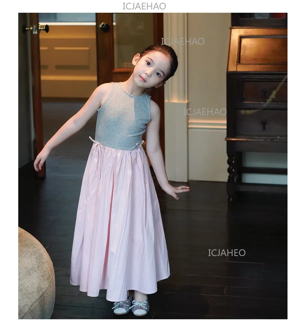 2026Gown Fashion Costume Children Girls Sleeveless Patchwork Dress Kids Summer Korean Style Long Skirt Simple Elegant Princess