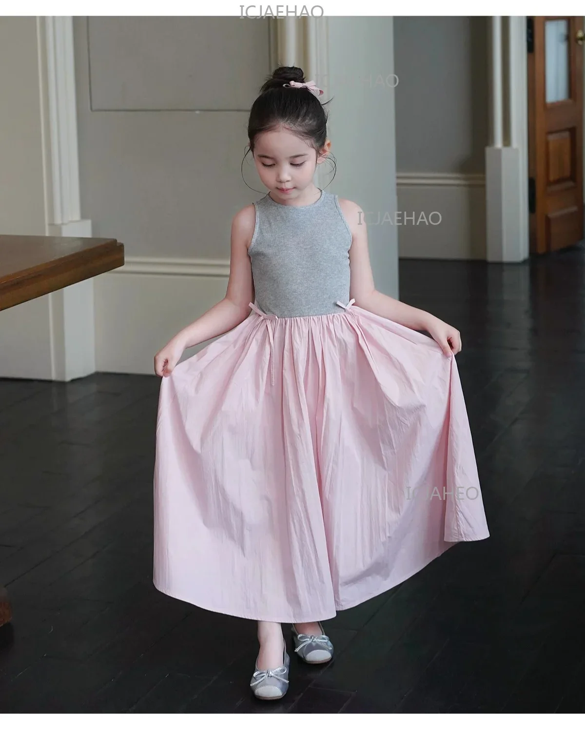 2026Gown Fashion Costume Children Girls Sleeveless Patchwork Dress Kids Summer Korean Style Long Skirt Simple Elegant Princess