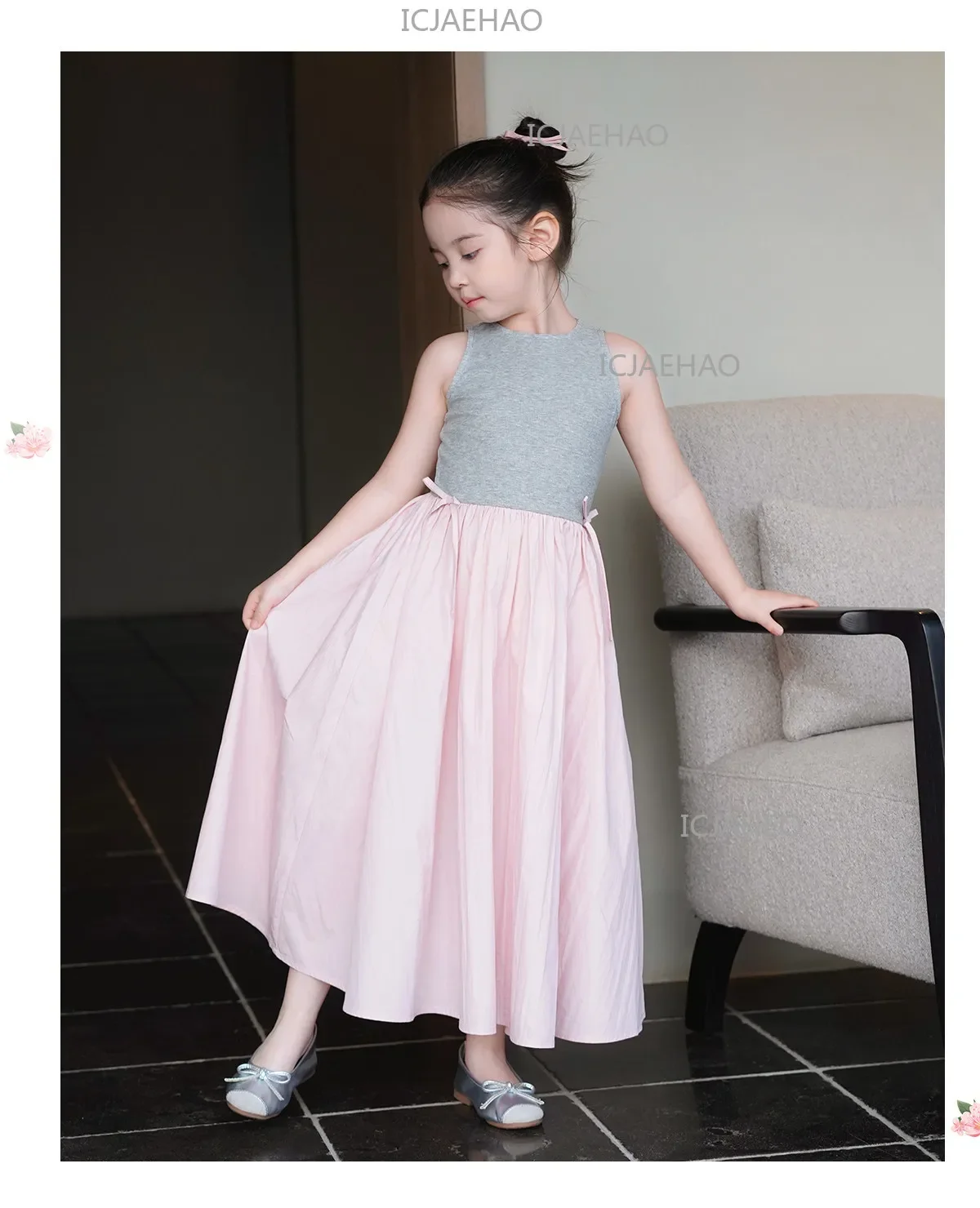 2026Gown Fashion Costume Children Girls Sleeveless Patchwork Dress Kids Summer Korean Style Long Skirt Simple Elegant Princess