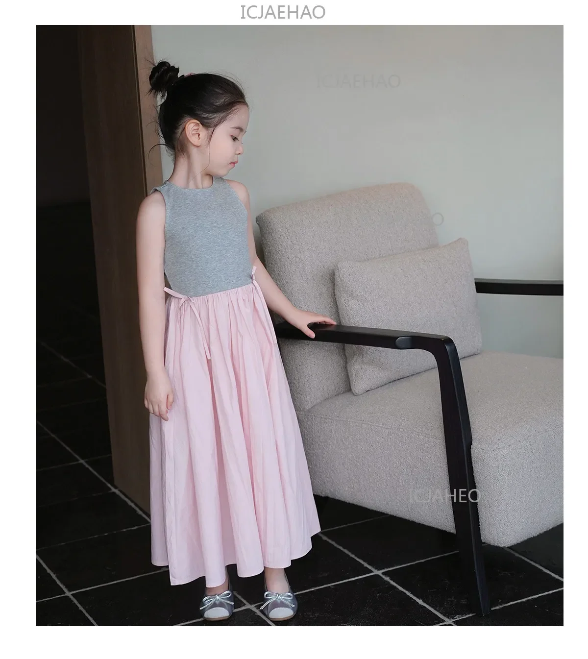 2026Gown Fashion Costume Children Girls Sleeveless Patchwork Dress Kids Summer Korean Style Long Skirt Simple Elegant Princess
