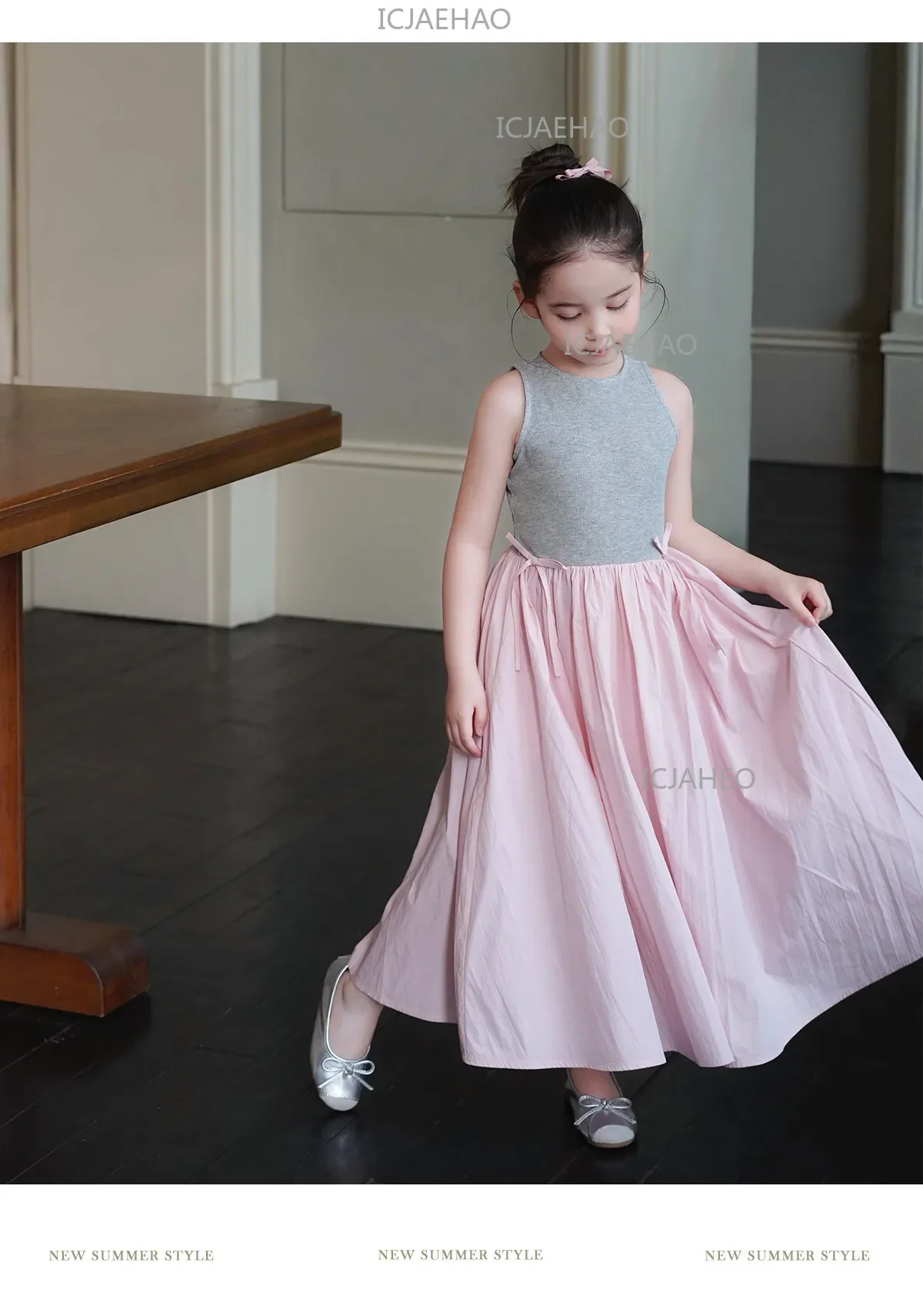 2026Gown Fashion Costume Children Girls Sleeveless Patchwork Dress Kids Summer Korean Style Long Skirt Simple Elegant Princess