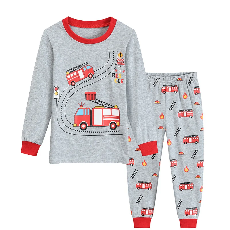 Little Hand Boys Long Sleeve Pajama Set Rescue Car Fire Truck Print Kids Loungewear Sleep Suit For Toddler Boys 2-7 Years Old