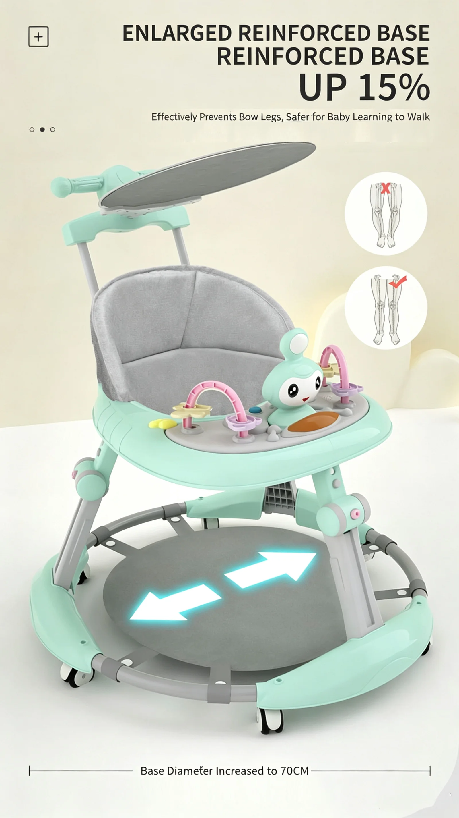 Baby Walker with Tip-Over Prevention – Adjustable‑Height Learning Walker (6 Heights) – Walking Aid for Boys and Girls – Suitable for 6–18 Months – Pink/Green/Blue