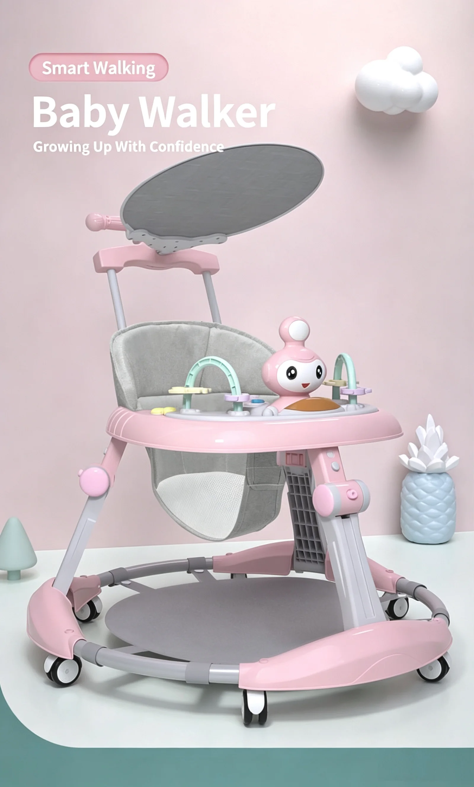 Baby Walker with Tip-Over Prevention – Adjustable‑Height Learning Walker (6 Heights) – Walking Aid for Boys and Girls – Suitable for 6–18 Months – Pink/Green/Blue