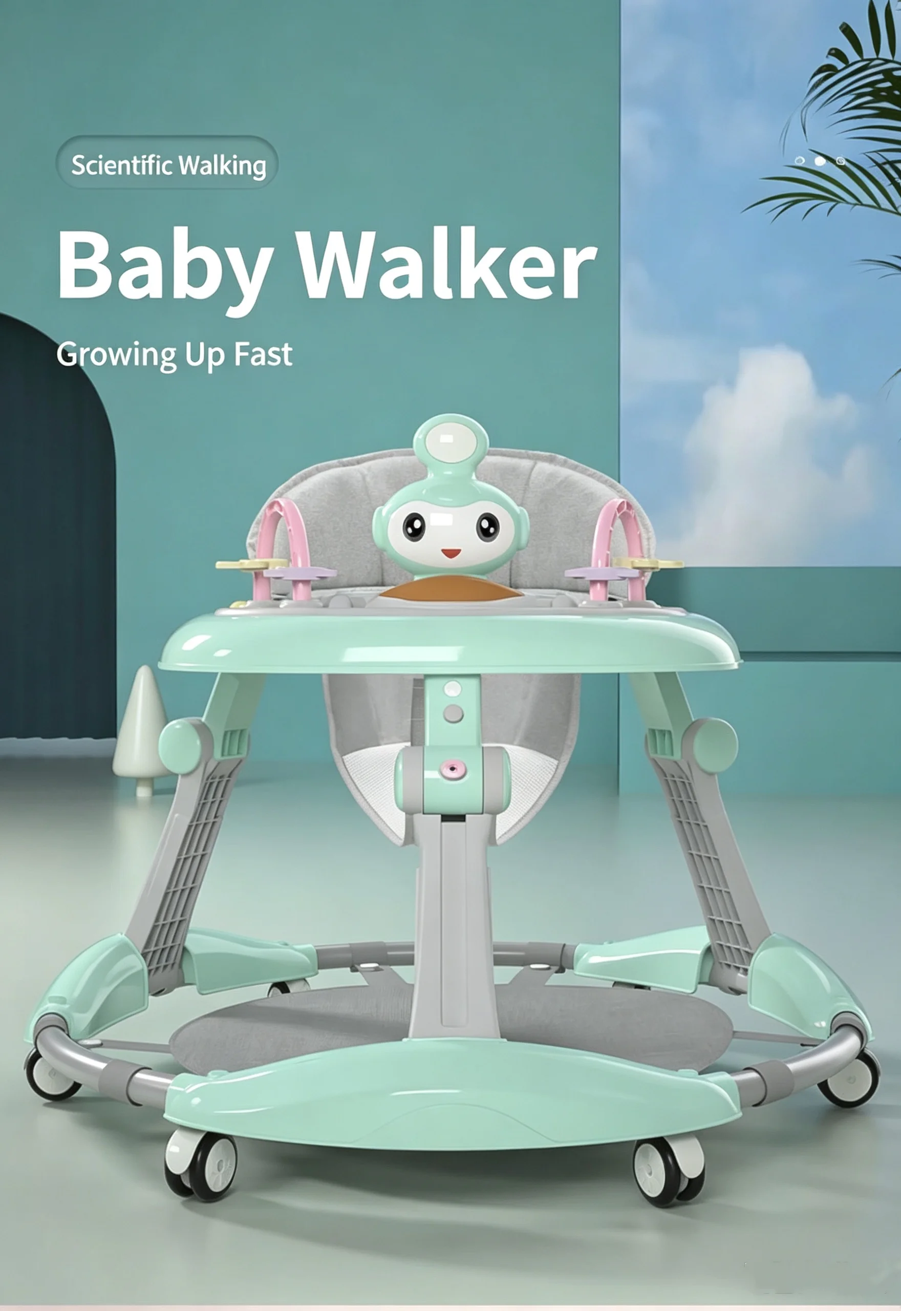 Baby Walker with Tip-Over Prevention – Adjustable‑Height Learning Walker (6 Heights) – Walking Aid for Boys and Girls – Suitable for 6–18 Months – Pink/Green/Blue