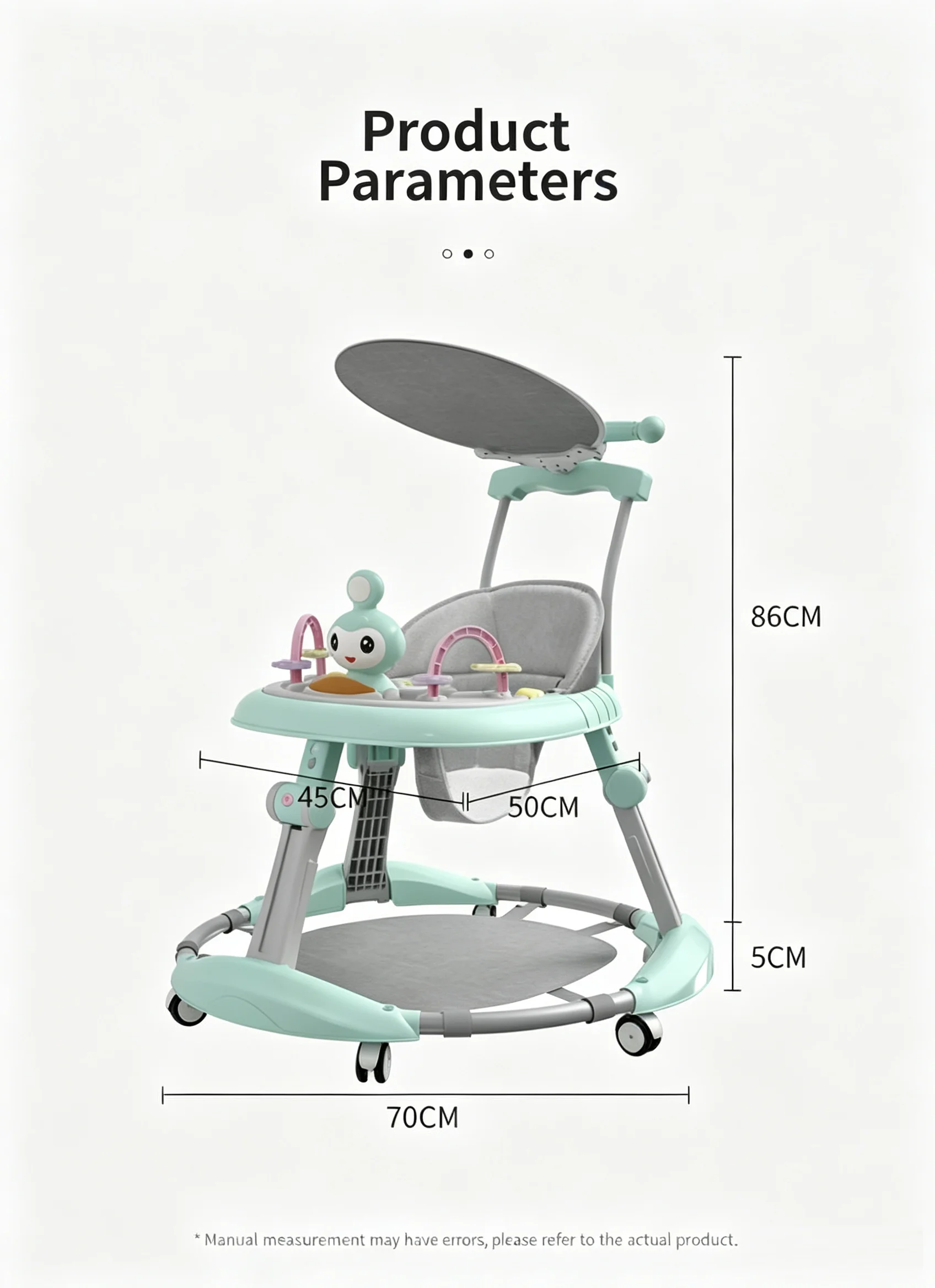 Baby Walker with Tip-Over Prevention – Adjustable‑Height Learning Walker (6 Heights) – Walking Aid for Boys and Girls – Suitable for 6–18 Months – Pink/Green/Blue