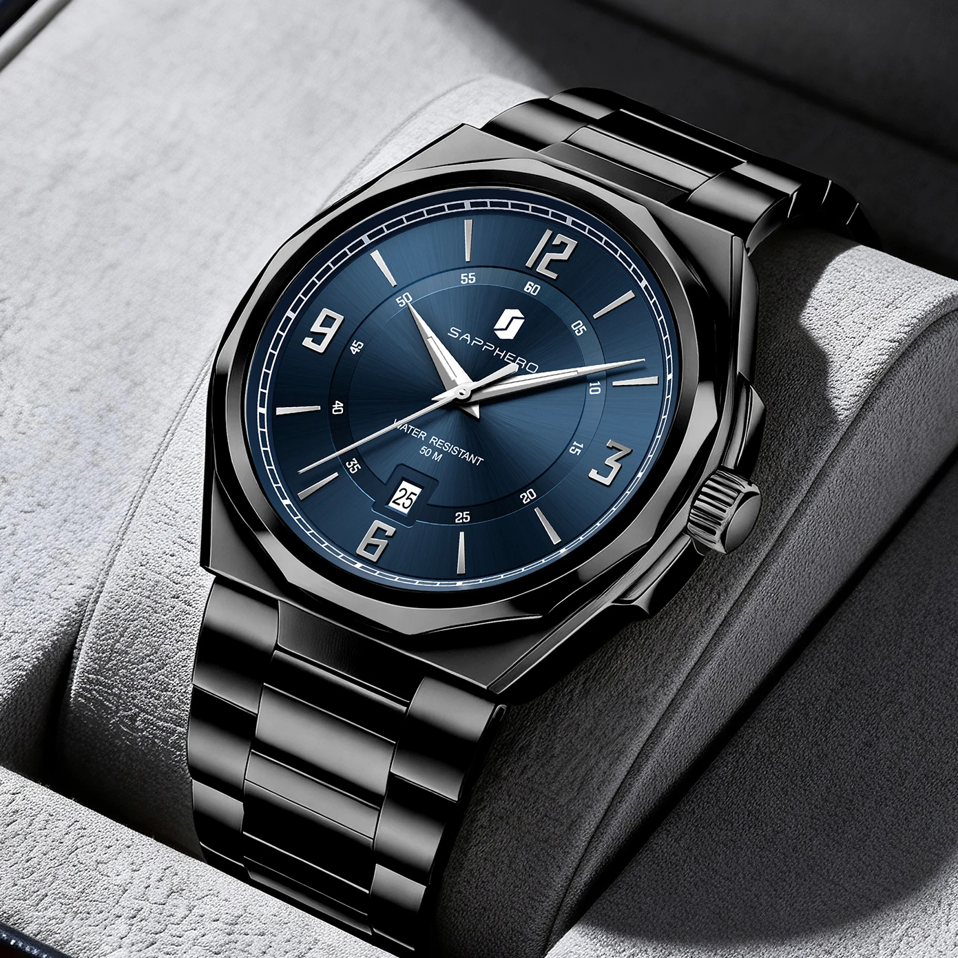 SAPPHERO Men's Quartz Watch Luxury Stainless Steel Strap 5ATM Waterproof Hardlex Crystal Elegant Business Dress Wristwatch Classic Fashion Casual Watch for Men Daily Wear Gift