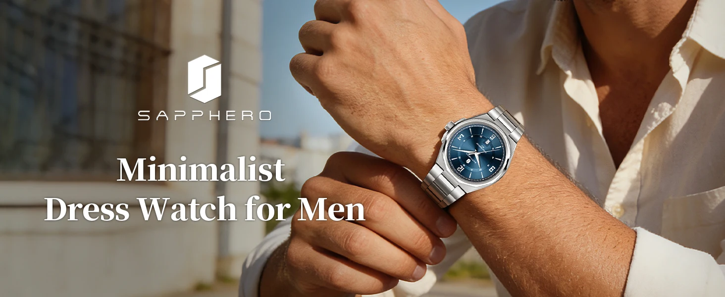 SAPPHERO Men's Quartz Watch Luxury Stainless Steel Strap 5ATM Waterproof Hardlex Crystal Elegant Business Dress Wristwatch Classic Fashion Casual Watch for Men Daily Wear Gift