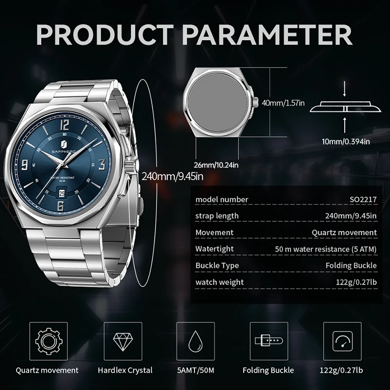 SAPPHERO Men's Quartz Watch Luxury Stainless Steel Strap 5ATM Waterproof Hardlex Crystal Elegant Business Dress Wristwatch Classic Fashion Casual Watch for Men Daily Wear Gift