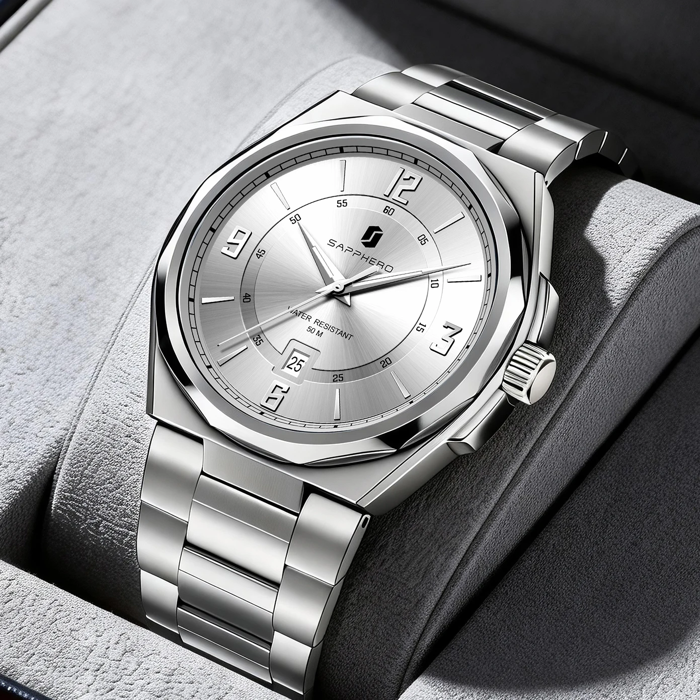 SAPPHERO Men's Quartz Watch Luxury Stainless Steel Strap 5ATM Waterproof Hardlex Crystal Elegant Business Dress Wristwatch Classic Fashion Casual Watch for Men Daily Wear Gift