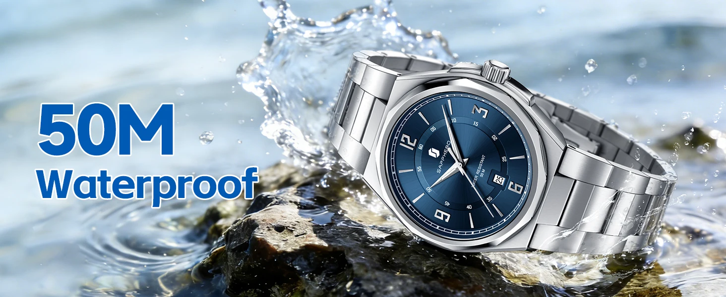SAPPHERO Men's Quartz Watch Luxury Stainless Steel Strap 5ATM Waterproof Hardlex Crystal Elegant Business Dress Wristwatch Classic Fashion Casual Watch for Men Daily Wear Gift