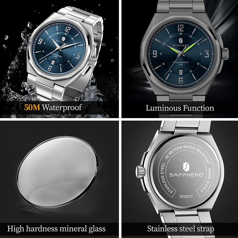 SAPPHERO Men's Quartz Watch Luxury Stainless Steel Strap 5ATM Waterproof Hardlex Crystal Elegant Business Dress Wristwatch Classic Fashion Casual Watch for Men Daily Wear Gift