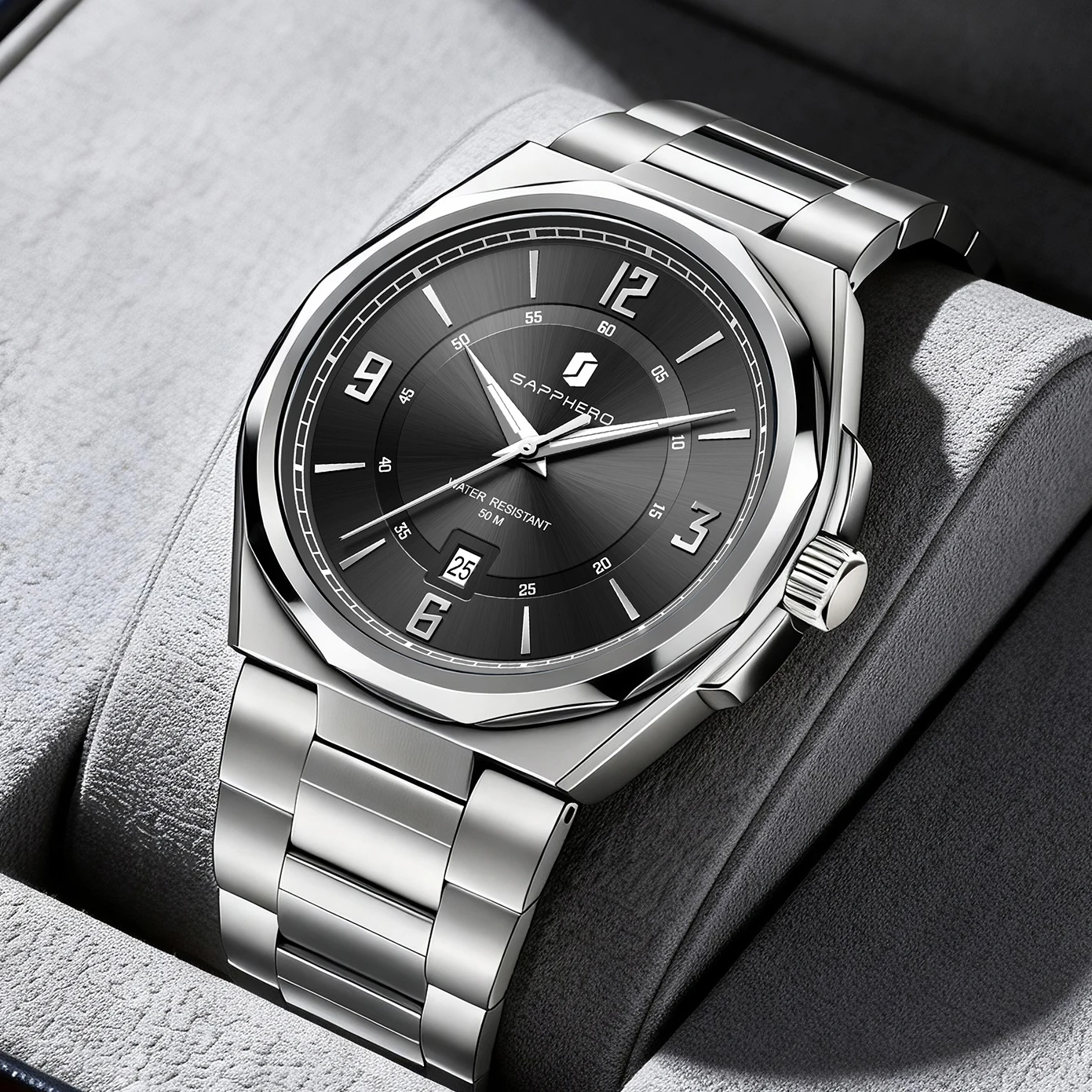SAPPHERO Men's Quartz Watch Luxury Stainless Steel Strap 5ATM Waterproof Hardlex Crystal Elegant Business Dress Wristwatch Classic Fashion Casual Watch for Men Daily Wear Gift
